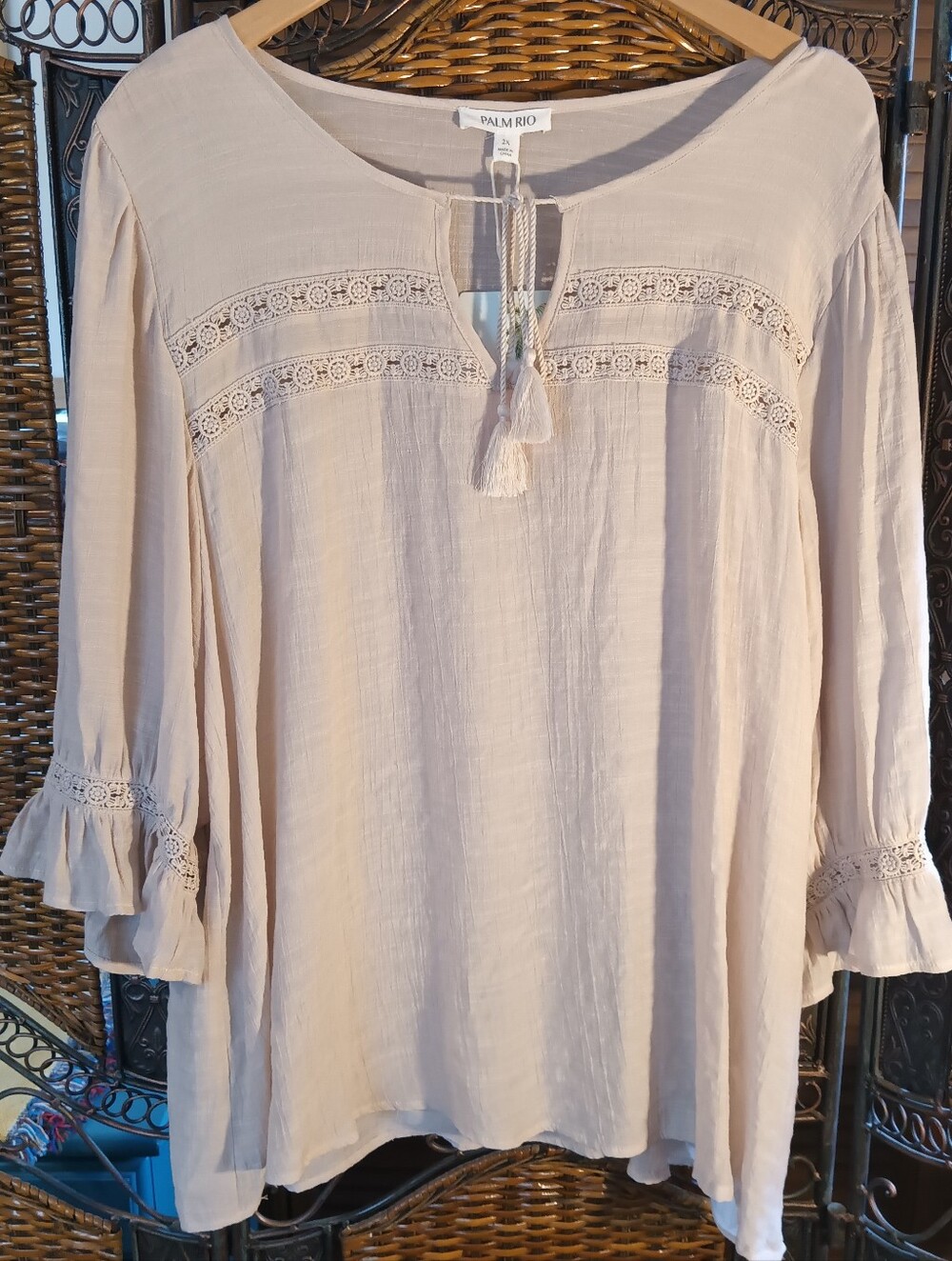 Beige Lace-Trim Peasant Top NWT 2X